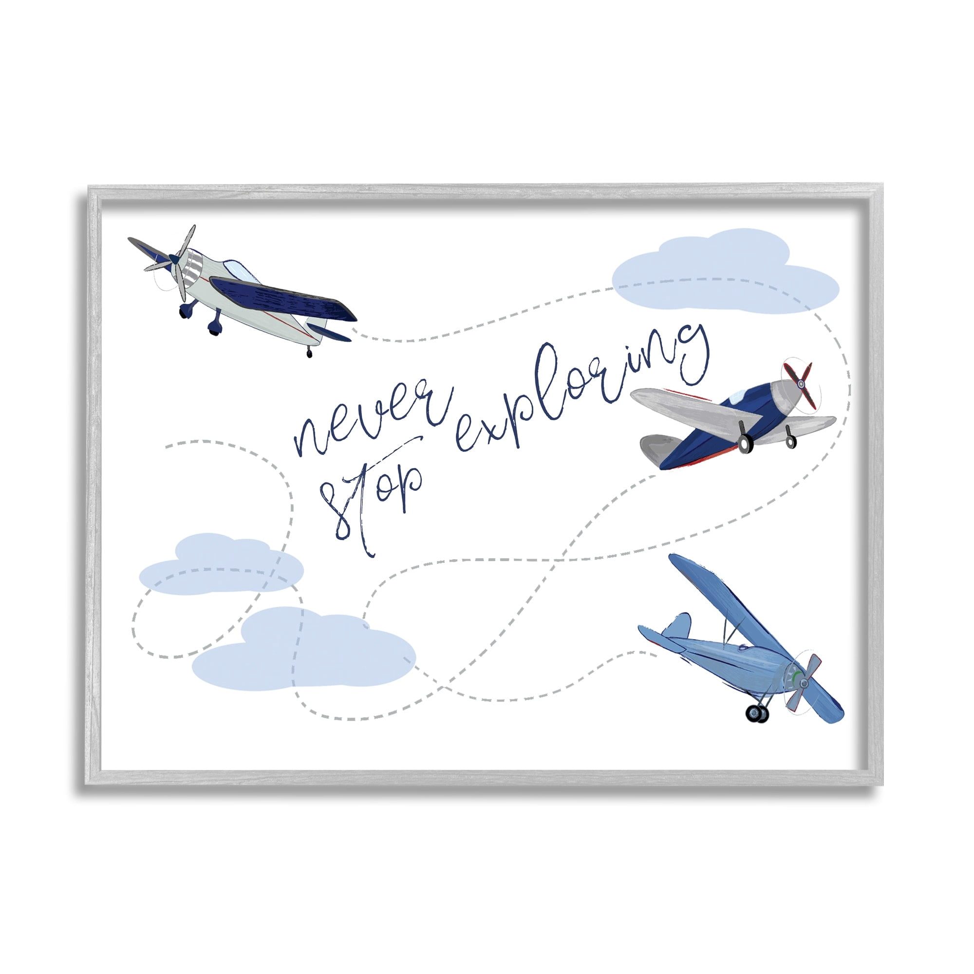 Stupell Industries Never Stop Exploring Airplanes Graphic Art Gray Framed Art Print Wall Art, 24x30, by Sweet Pea Studio