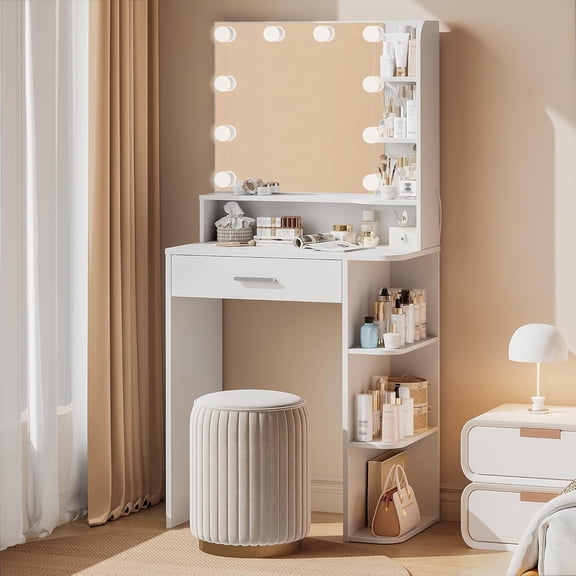 Vanity Desk with Mirror and Lights, Akaber 26.4" Makeup Vanity with Large Drawer, 6 Storage Levels, Small White Vanity Desk with Large LED Mirror