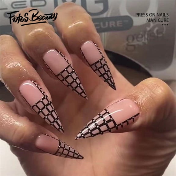 Fofosbeauty 24pcs Press on False Nail Tips Long Stiletto Full Cover Fake Nails, French Cage