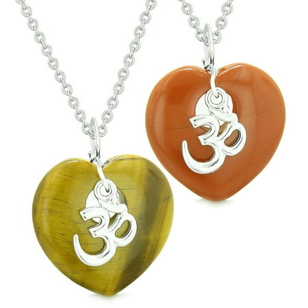 Ancient Tibetan OM Amulets Love Couples or Best Friends Magic Puffy Hearts Red Jasper Tiger Eye
