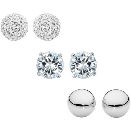 Sterling Silver 6mm CZ, Austrian Crystal Pave and Plain Polished Ball Stud Earrings Set