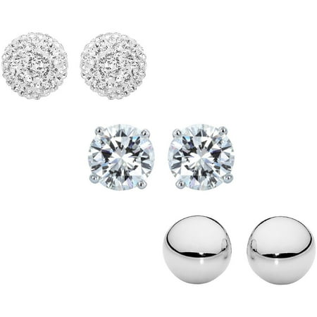 Pave Set Earrings - Sterling Silver 6mm CZ, Austrian Crystal Pave and Plain Polished Ball Stud Earrings Set