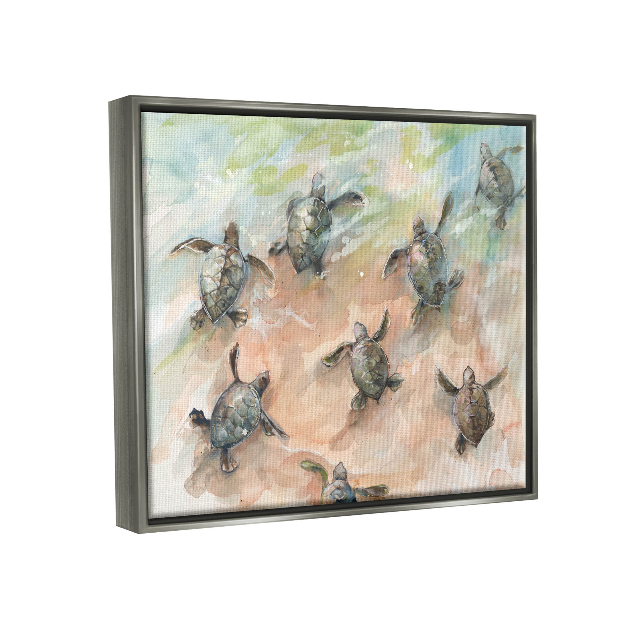 Baby Sea Turtles Swimming Shore Animals & Insects Painting Luster Gray Framed Art Print Wall Art