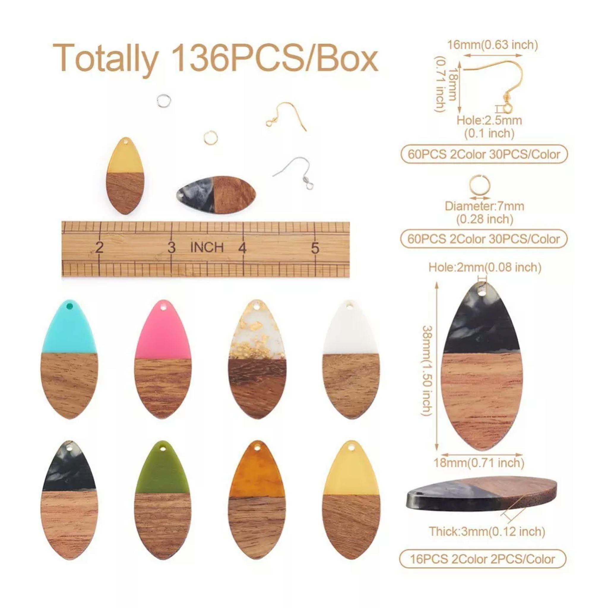 U8MO 1 Box Resin Wood Pendants Earring Hooks DIY Teardrop Dangle Earrings Making Kit