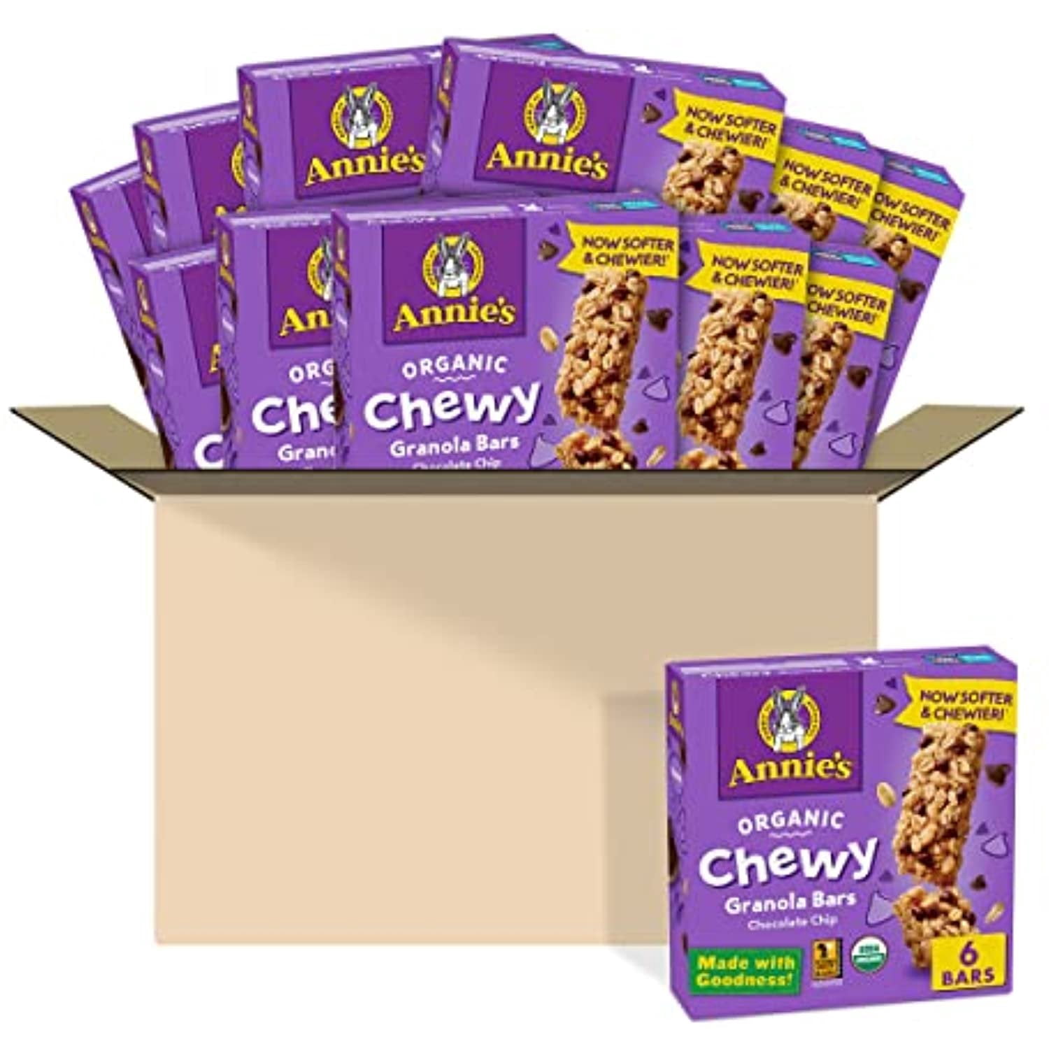 Annie's Organic Chewy Granola Bars, Chocolate Chip, 6 Bars, 5.34oz (4 Pack)