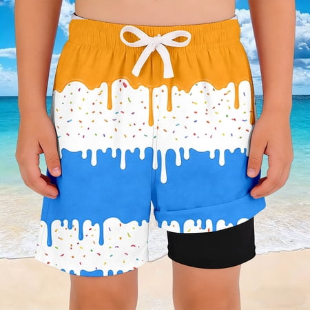 HOWPAY Boys Shorts Ice Print Elastic Waist Swim Trunks with Compression Liner Lightweight Relaxed Fit Comfy Casual Summer Clothes Yellow