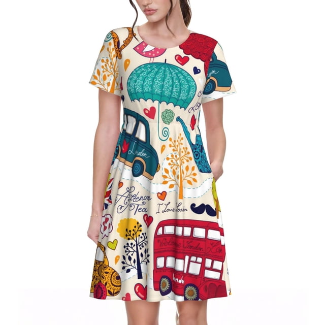 Disketp London Symbols para Vestido de Manga Corta para Mujeres, Vestidos de Verano para Mujeres, Casual y Holgado para la Playa