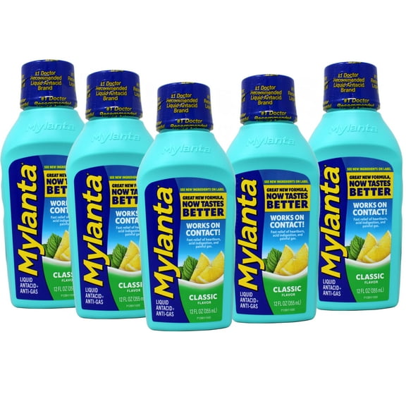 5 Pack - Mylanta Heartburn and Gas Relief, Liquid Antacid, Great New Formula, Now Tastes Better,Classic Flavor, 12 Fluid Ounce
