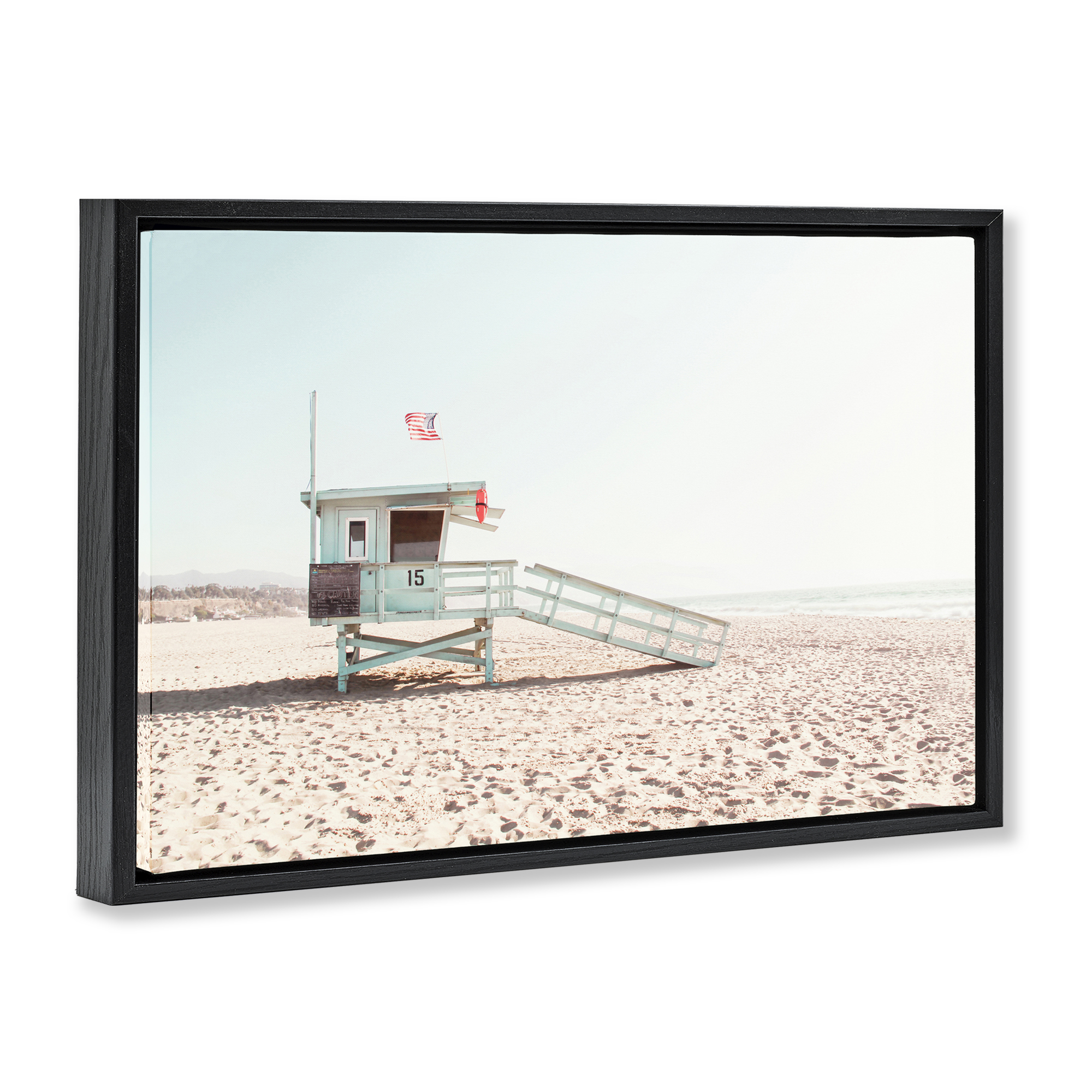 Lifeguard Hut Sunny Day Black Framed Floater Canvas Wall Art, design by Sisi and Seb