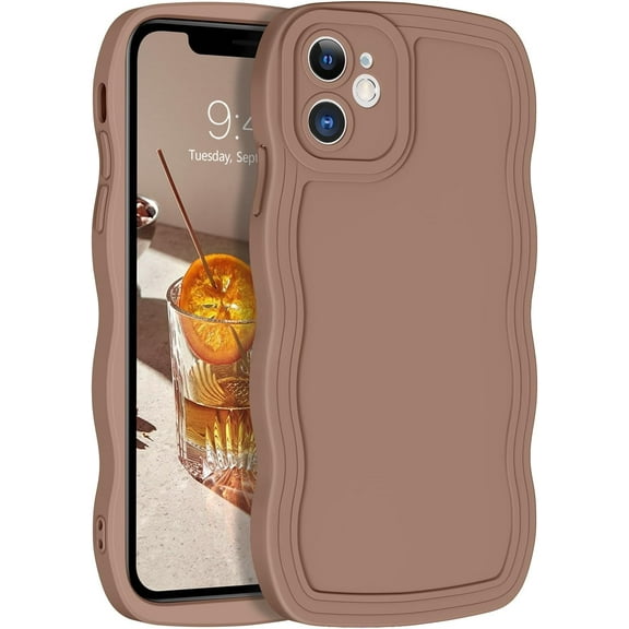 for iPhone 11 Case 6.1-Inch, Soft Silicone Gel Rubber Phone Cover, Cute Curly Wave Frame Shape Slim TPU Bumper Women Girls Men Shockproof Protective Case, Khaki/Brown