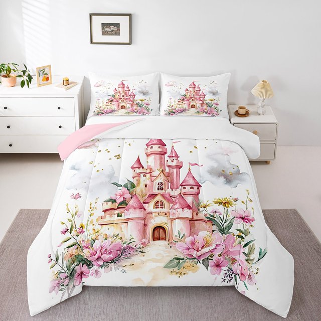 Erosebridal Ensembles de Couette Château Rose Format Tout-Petit, Couettes et Duvets Princesse de Rêve, Décor Floral, Réversible, Respirant, 2 Pcs