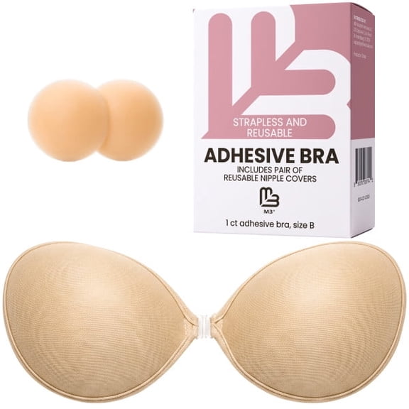 Adhesive Push Up Bra for Women, Size B | Invisible Cream Colored Sticky Bra with Reusable Silicone Nipple Covers | Lifting Bra with Front Clasp for Backless & Strapless Tops and Dresses by M3