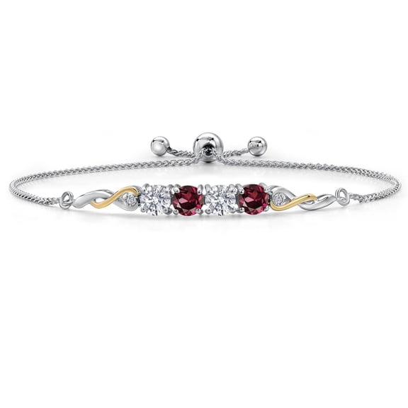 Gem Stone King 925 Silver and 10K Yellow Gold White Lab Grown Diamond and Red Rhodolite Garnet Bracelet for Women | 2.22 Cttw | Gemstone April Birthstone | Round 5MM | Fully Adjustable 9 inch