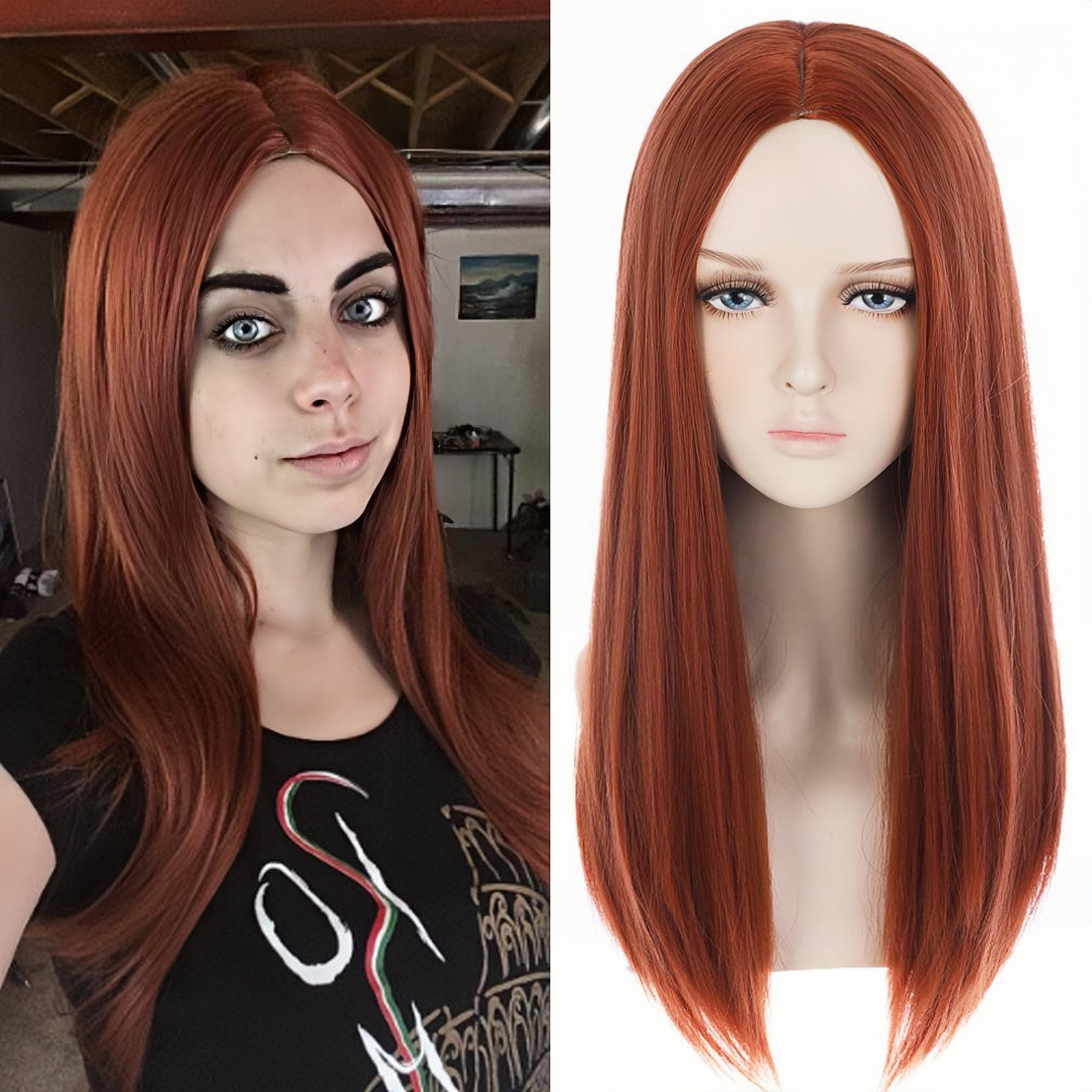RightOn Long Straight Orange Hair Wig Dark Orange Wig Ginger Wig