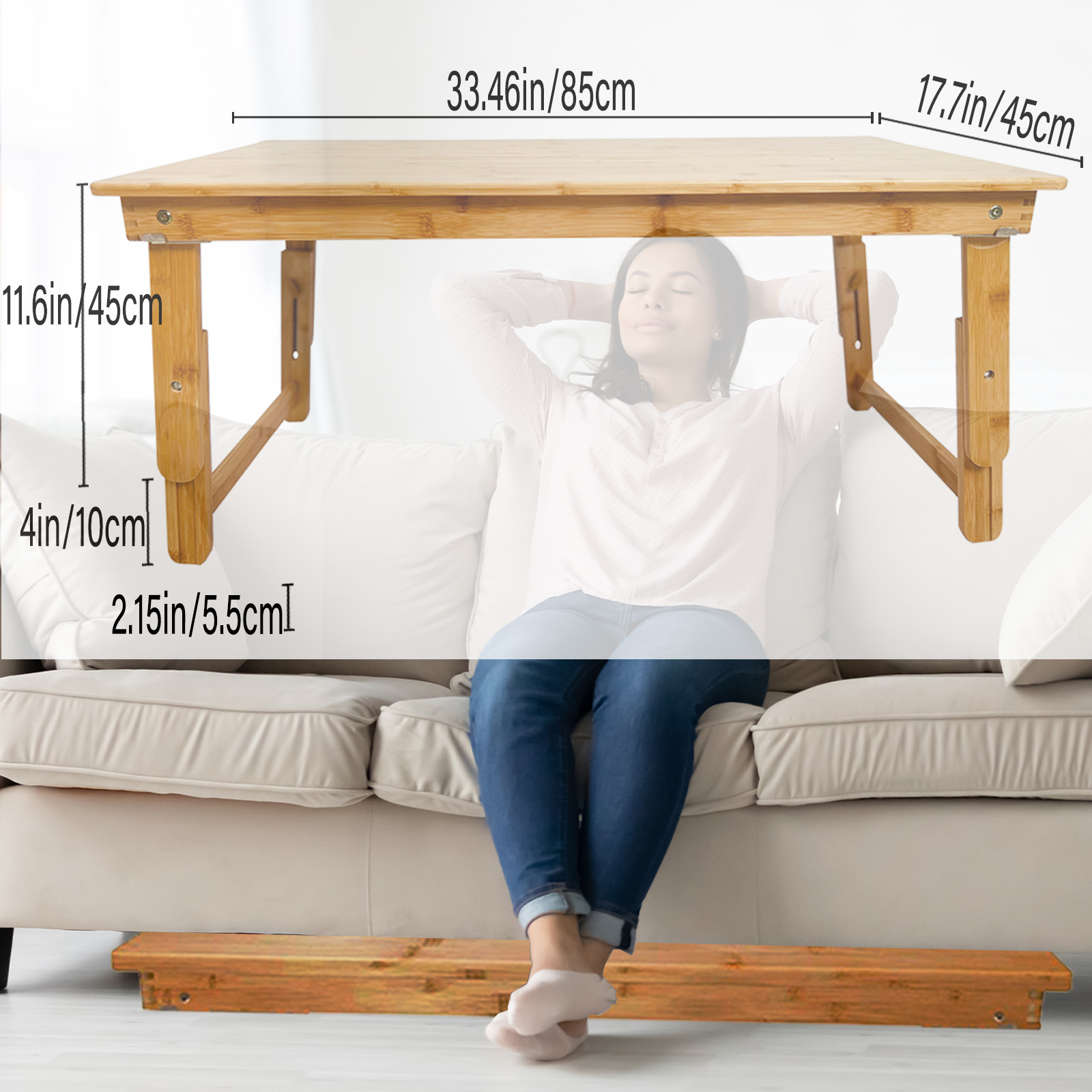 Fully Assembled Bamboo Coffee Table for Sitting on the Floor Living Room Foldable Legs Adjustable Height Japanese
