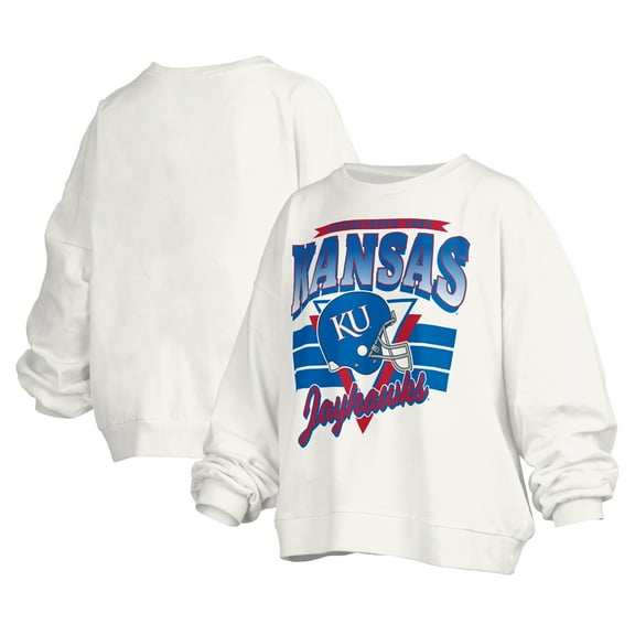 Women's Pressbox White Kansas Jayhawks Janice Retro Logo Oversized Pullover Sweatshirt