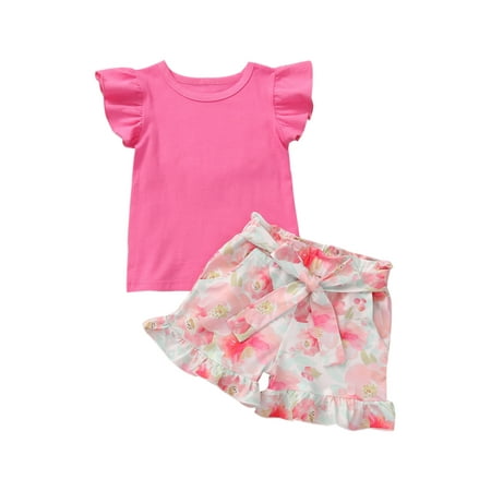 

Carolilly Baby Girls 2-piece Outfit Set Fly Sleeve Tops+Floral Print Shorts Set
