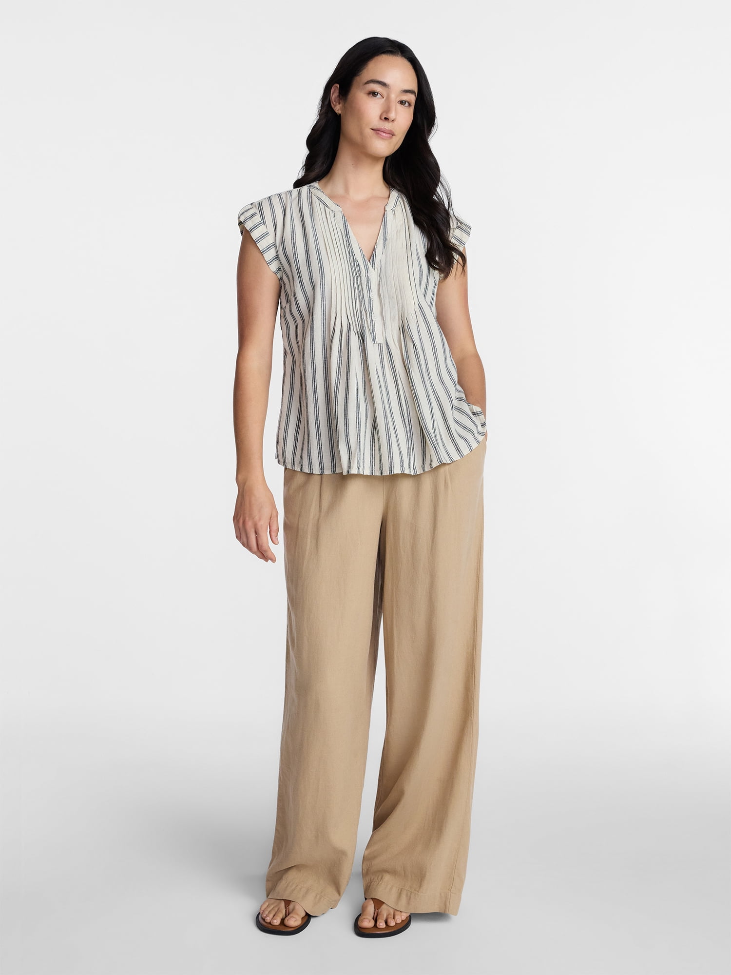 Time and Tru Women's Linen Blend Pintuck Top with Short Sleeves, Size XS-XXXL