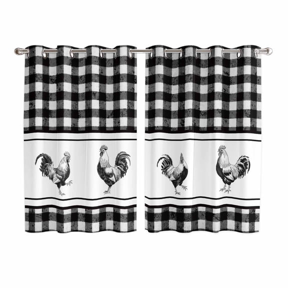 Farmhouse Black Plaid Kitchen Curtains Window Panels, Vintage Country Cock Checkered Insulated Window Treatment Curtain, Grommet Curtains for Bedroom/Living Room/Bathroom, 2 Piece 52"Wx72"L