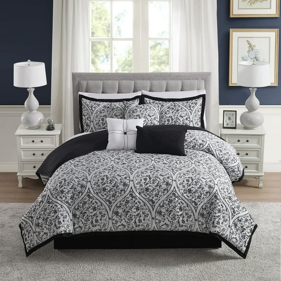 Trieste 7 Piece Queen Damask Jacquard Comforter Set, White/Black