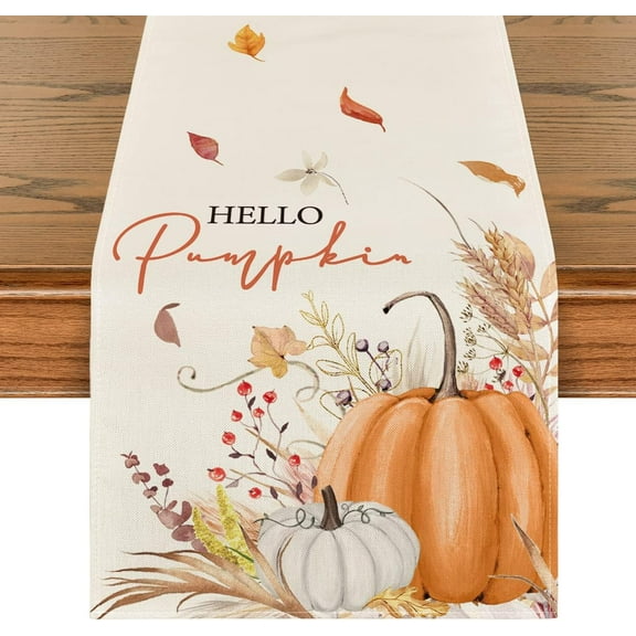 SM-XLHN Hello Pumpkin Flowers Leaves Thanksgiving Table Runner, Seasonal Fall Harvest Vintage Kitchen Dining Table Decoration for Indoor Outdoor Home Party Decor 13 x 72 Inch
