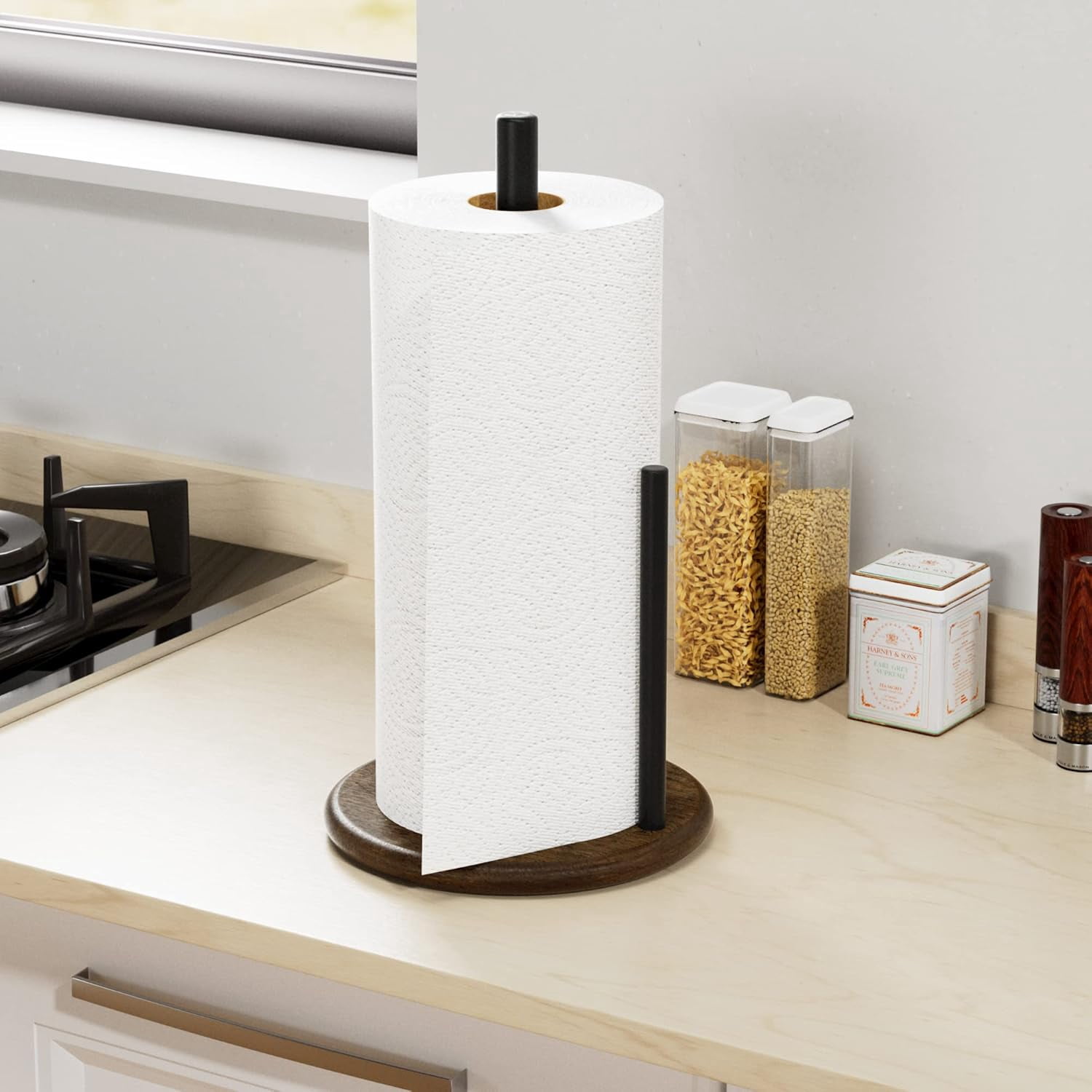 MaxxMarket Paper Towel Holder Countertop with Real Wood Round Base, Farmhouse Paper Towel Holder Stand for Kitchen Dining Table Home Decor