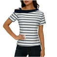 thumbnail image 3 of Short Sleeve Blouses for Women Fashion Striped Casual Short-Sleeve Off-Shoulder Patchwork T-Shirts Top, 3 of 10