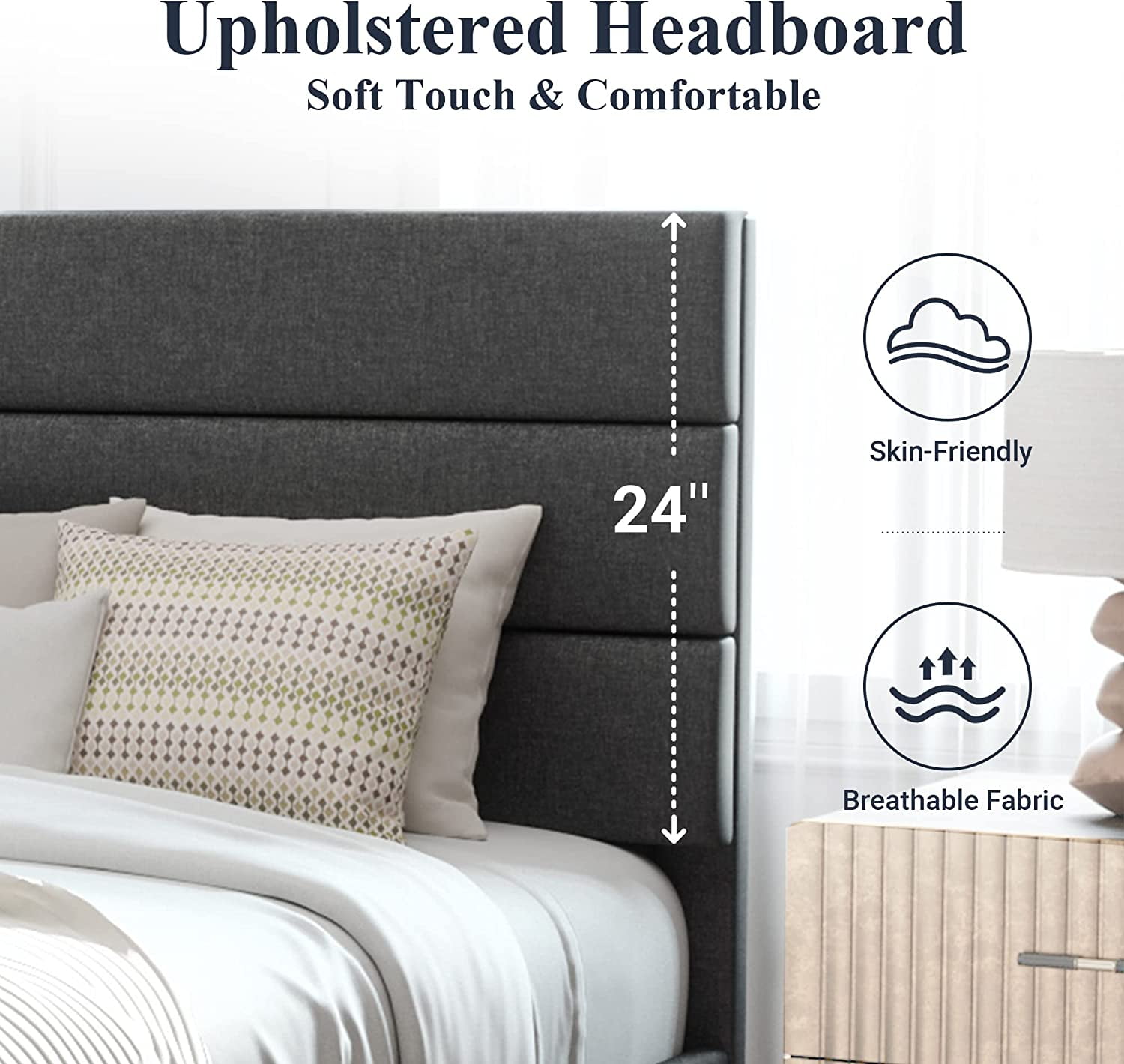 Allewie Queen Size Platform Bed Frame with Fabric Upholstered Headboard, No Box Spring Needed, Dark (图5)