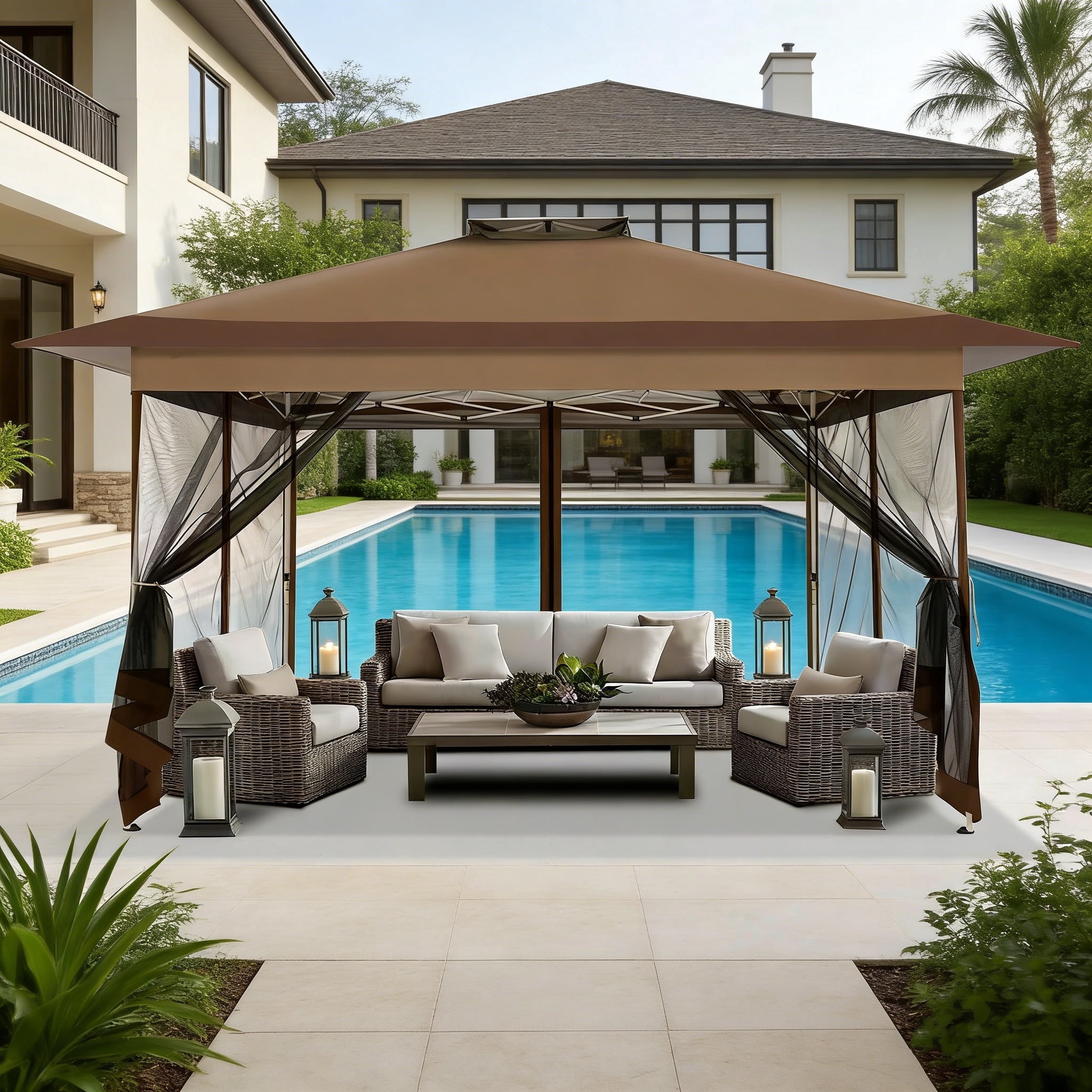 COBIZI 10x15 Pop-Up Gazebo with Mosquito Netting, Outdoor Patio Canopy Tent with 2-Tier Ventilated Roof, 3 Adjustable Heights, Provides 150 Sq Ft Shade, Brown