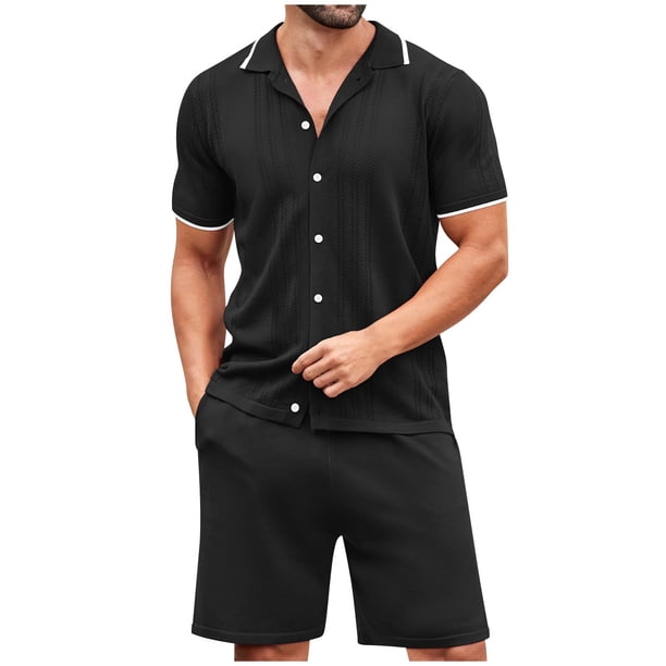 Camisas de Manga Corta de los Hombres Turn-Down Collar Conjunto de Coincidencia, Conjunto Corto de los Hombres de Poliéster Ligero