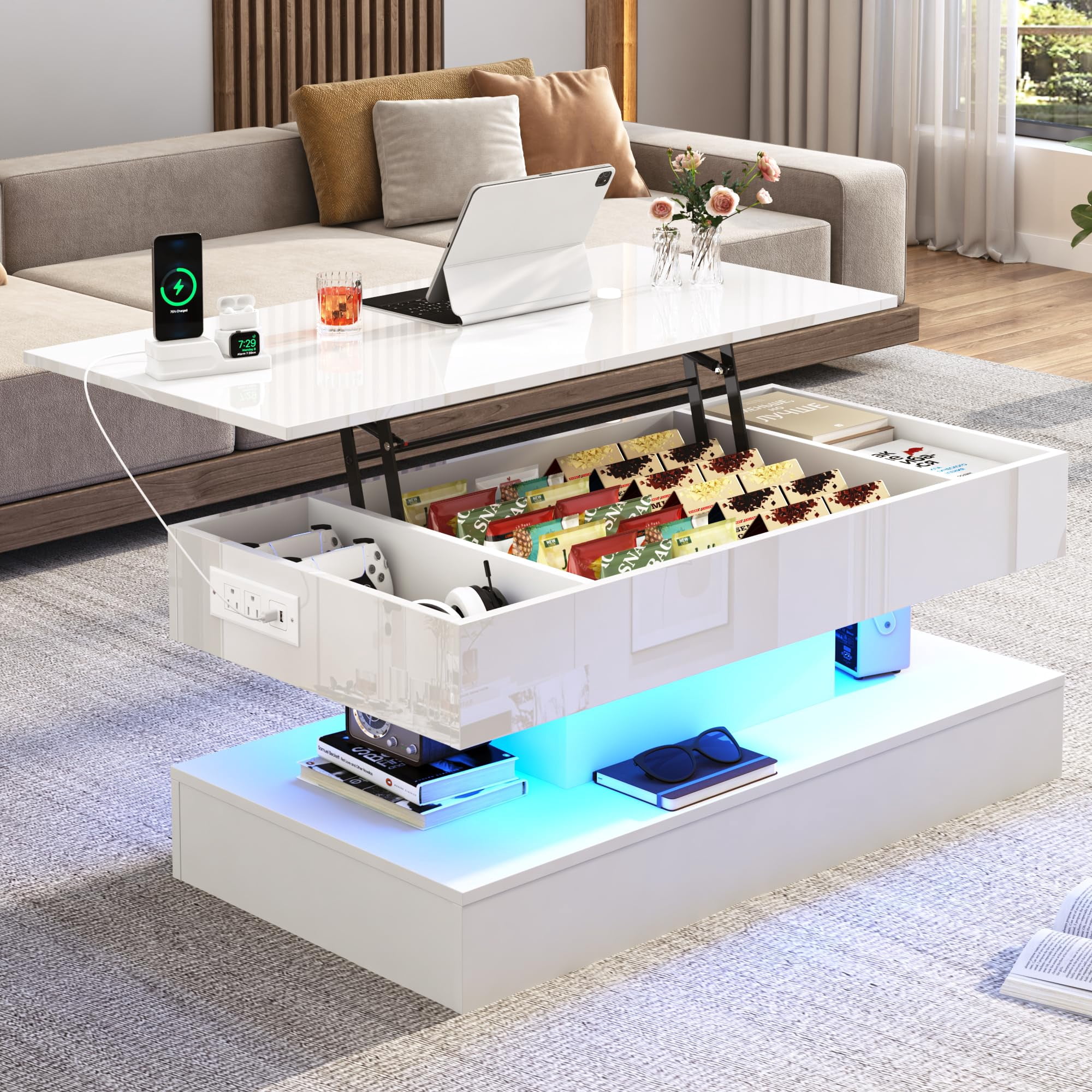 ChVans 39.4" Large Lift Top Coffee Table with Charging Station & LED Lights, Black High Glossy LED Coffee Table with Hidden Compartment Storage, Modern Living Room Tables