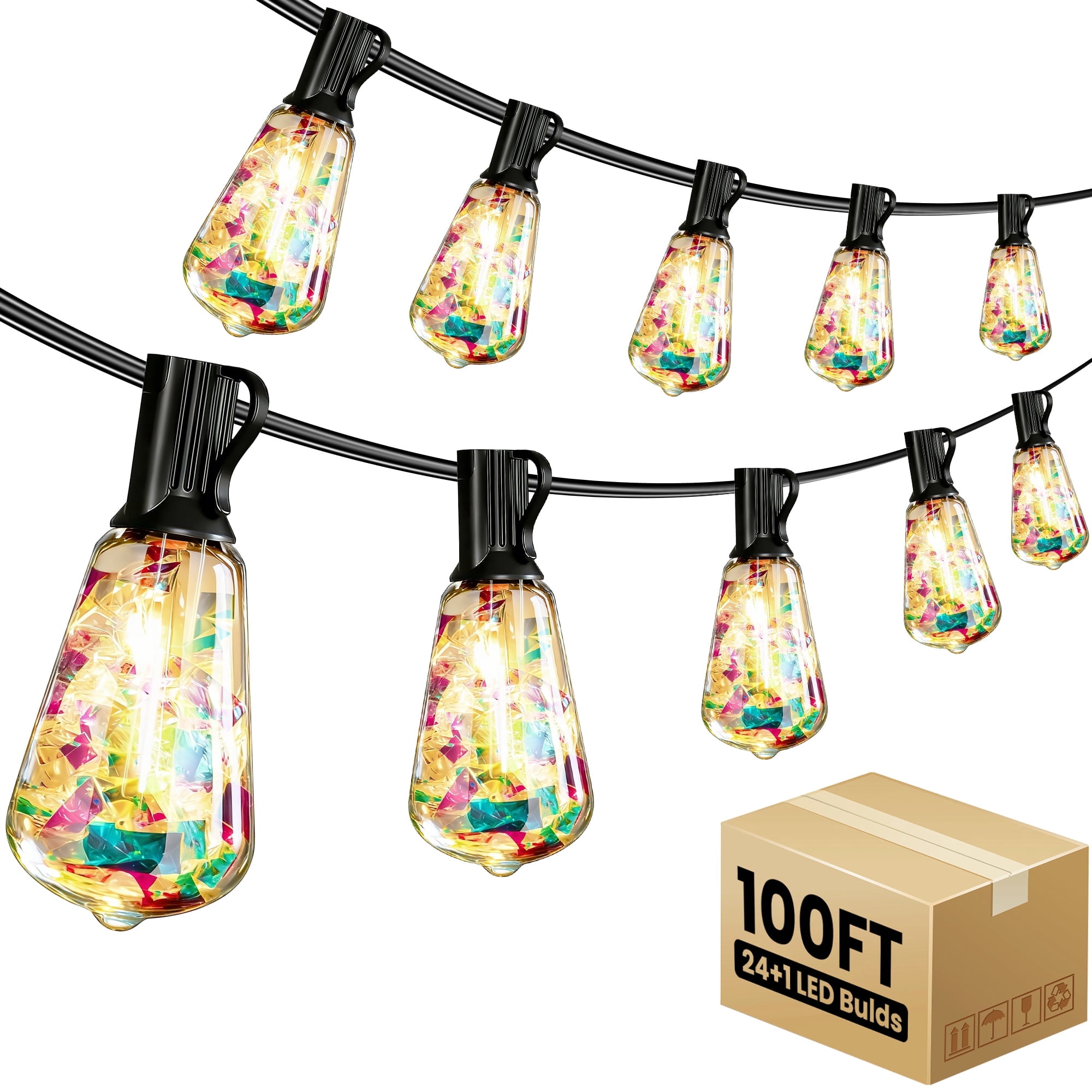 PHOPOLLO 100 ft ST38 Outdoor String Lights with 24+1 Shatterproof LED Bulbs (E12 Base), Waterproof Hanging Vintage Edison Lights for Patio, Garden, Christmas Decor