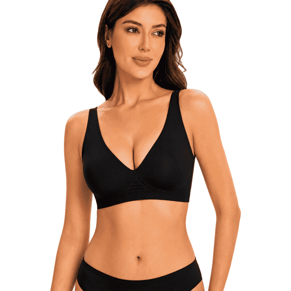 Roszoe Women’s Deep V Wireless Bra No Underwire Full Coverage Support Bra, 360° Jelly Strip Push Up Soft Comfort T-Shirt Bra with Bra Extender S-3XL