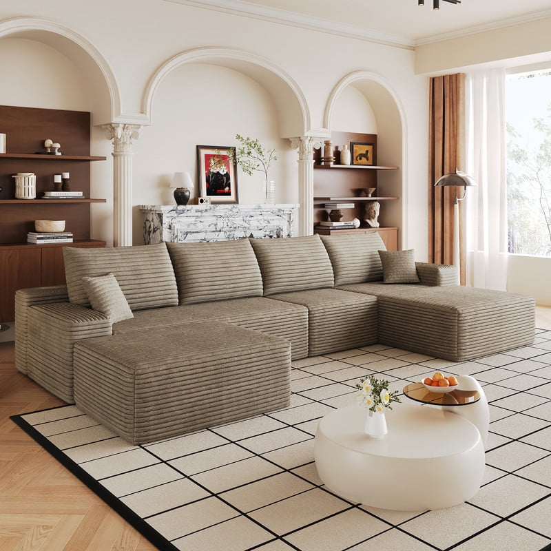 135" Cloud Sectional Sofa with Ottoman, U Shaped Modular Sectional Couch, Modern Minimalist Deep Seat Upholstered Sofa with Chaise, Plush Corduroy Fabric Living Room Sofa Set, No Assembly Required