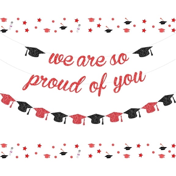Red Glitter We are So Proud of You Banner - Red and Black Graduation Decorations 2026 Congratulations Grad Party Decorations Grad Cap Garland Congrats Supplies