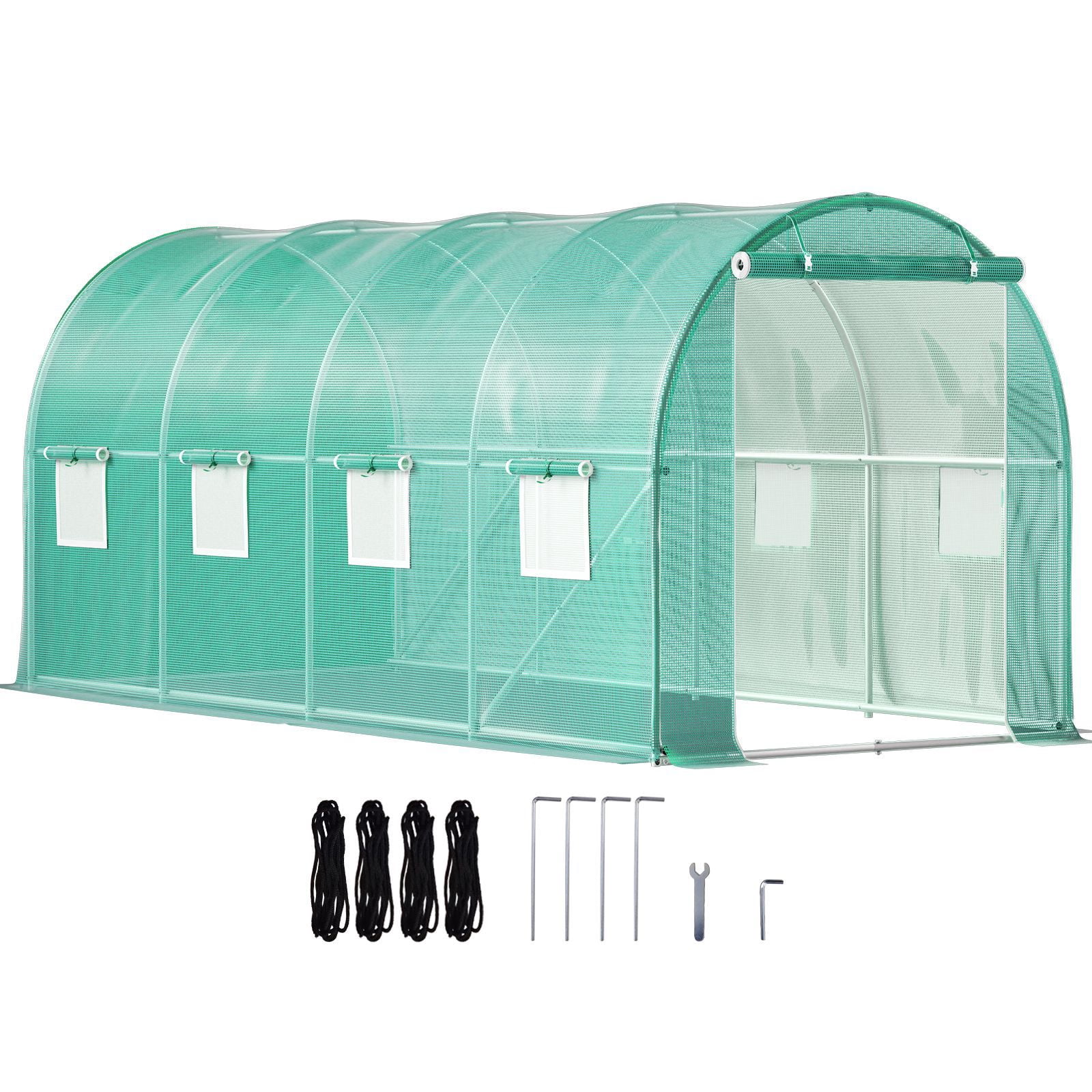 Walk-in Tunnel Greenhouse, 15 x 7 x 7 ft Portable Plant Hot House with Galvanized Steel Hoops, 1 Top Beam, Diagonal Poles, Zippered Door & 8 Roll-up Windows, Green