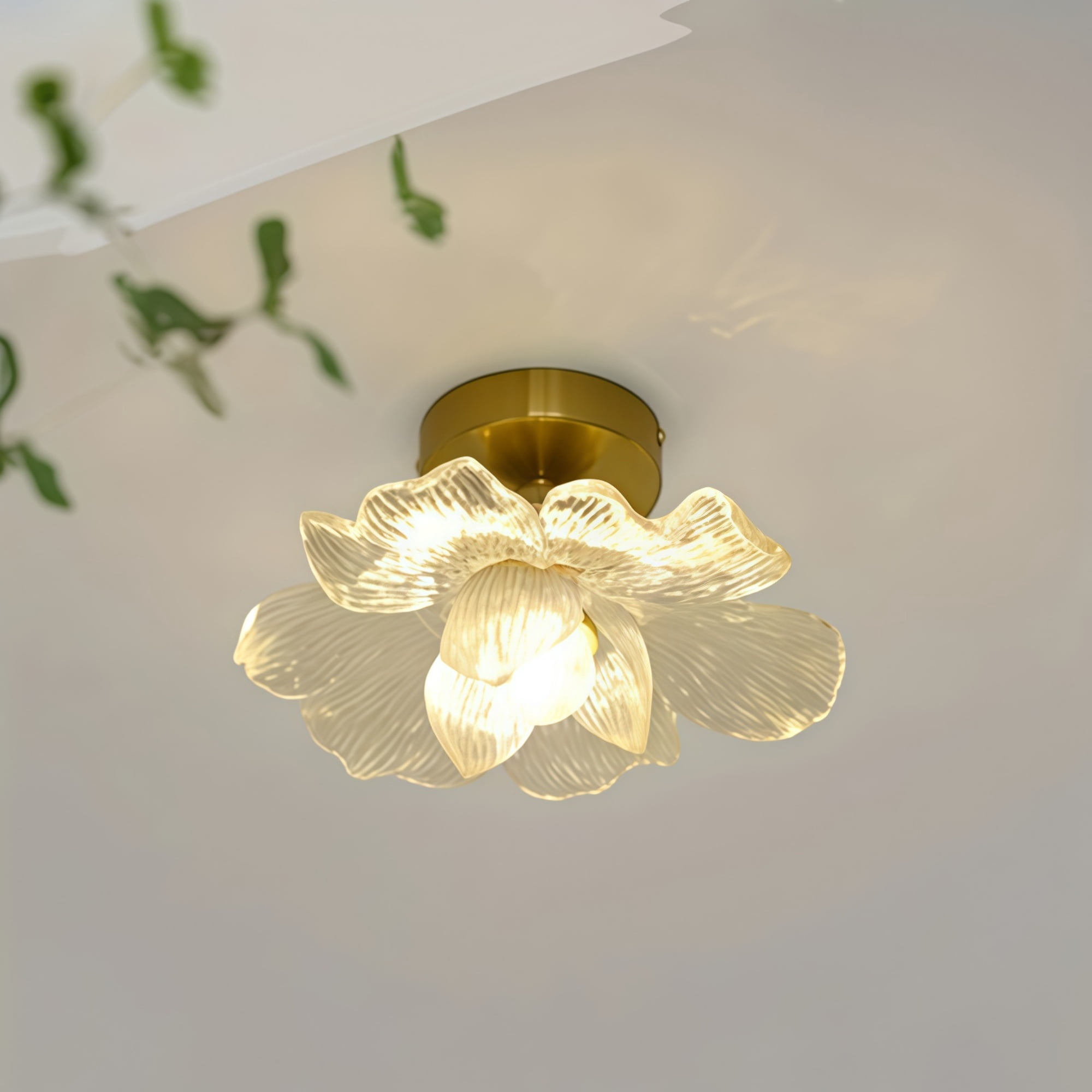 Glass Flower Ceiling Light Semi Flush Mount Hallway Ceiling Light Fixtures Large Gold Bathroom Close to Ceiling Light Floral Petal Kitchen Lamp for Entryway Porch Closet Balcony