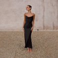 thumbnail image 5 of Brown Satin Slip Dress With Spaghetti Straps Deep Cowl Neck Slim Maxi Dress For Women, 5 of 8