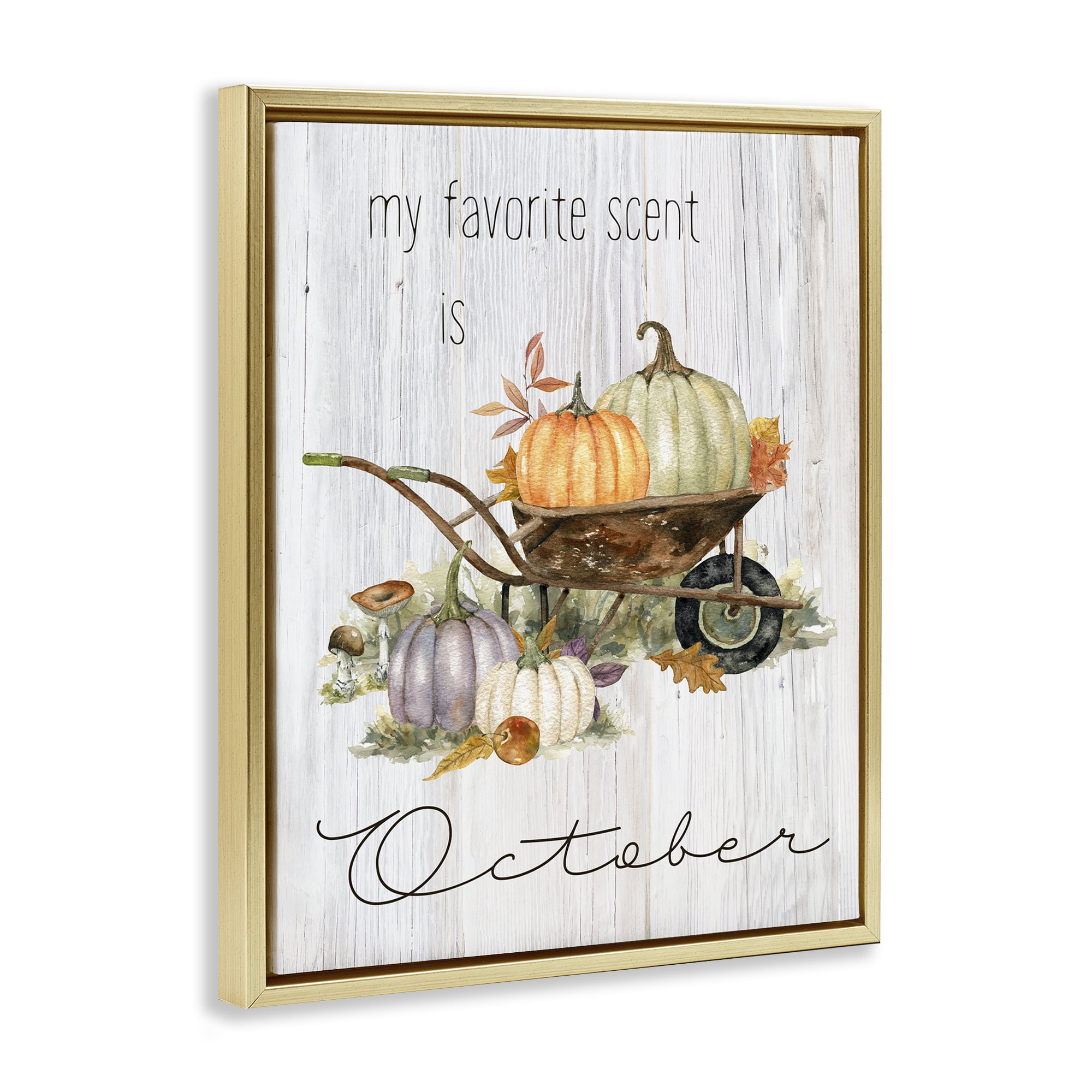 Stupell Industries Favorite Scent is October Holiday Painting Gold Floater Framed Canvas Art Prints Wall Art, 25 x 31