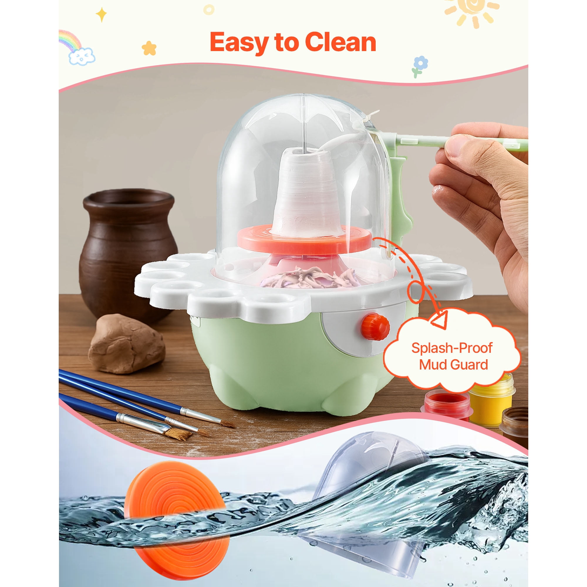 KFFKFF Mini Pottery Wheel with Adjustable Speed, 2 in and 3 in Turntables, Electric Clay Wheel for Beginners and Kids, Includes Clay Sculpting Tools, Ideal Gift for Boys and Girls, Green