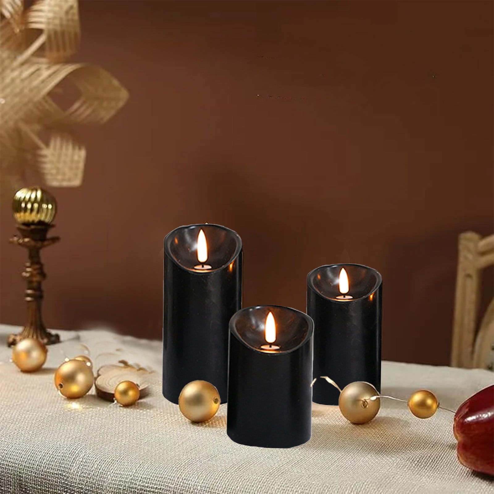 Yhmxh 3Pcs Black Flameless Flickering Candles with Remote Control, 3D Wick Realistic Battery Operated Real Wax LED Pillar Candles Set of 3 Home Wedding Party Halloween Decoration (D3"x H4"5"6")