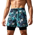 thumbnail image 2 of TKKCS Mens 2-in-1 Swim Trunks with Compression Liner- Summer Vacation Stretch Quick Dry Hawaiian Print Swimsuit Beach Board Shorts with Drawstring Green Size L, 2 of 6