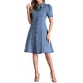 thumbnail image 2 of INSPIRE CHIC Women's Denim Dress Puff Short Sleeve Lapel Collar Button Down  Midi Dress XS Light Blue, 2 of 6