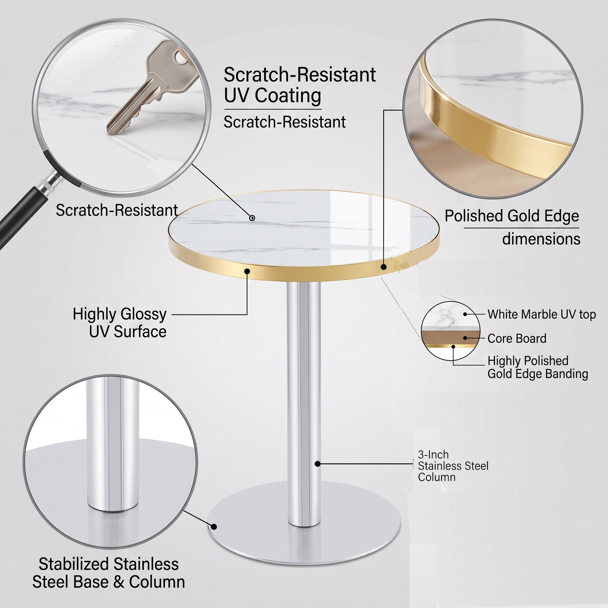 Minimalist Round Bistro Table, 23.6" Faux White Marble Cafe Table with Silver Stainless Steel Base & Edge Banding, High-Gloss Corner Accent Dining Table for Small Spaces Office Salon