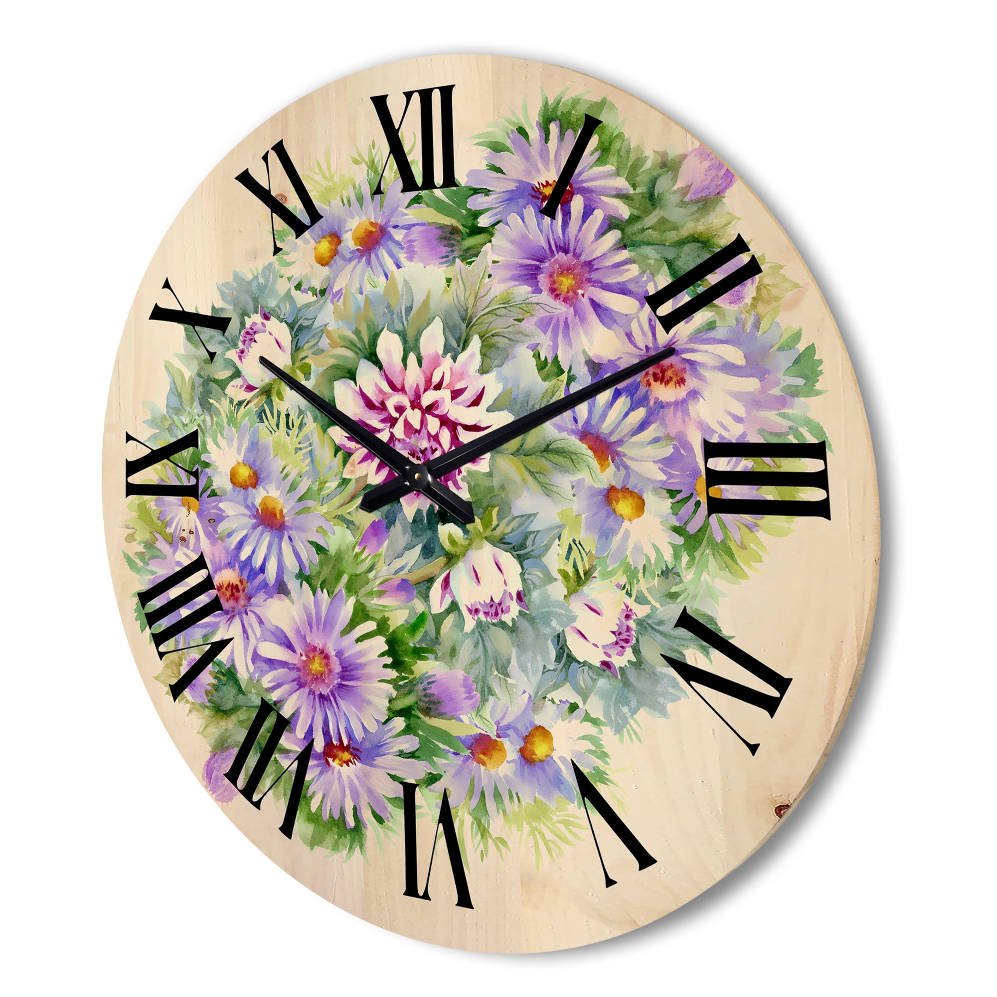 Designart 'Bouquet With Daisies and Purple Chrysanthemums' Traditional Wood Wall Clock