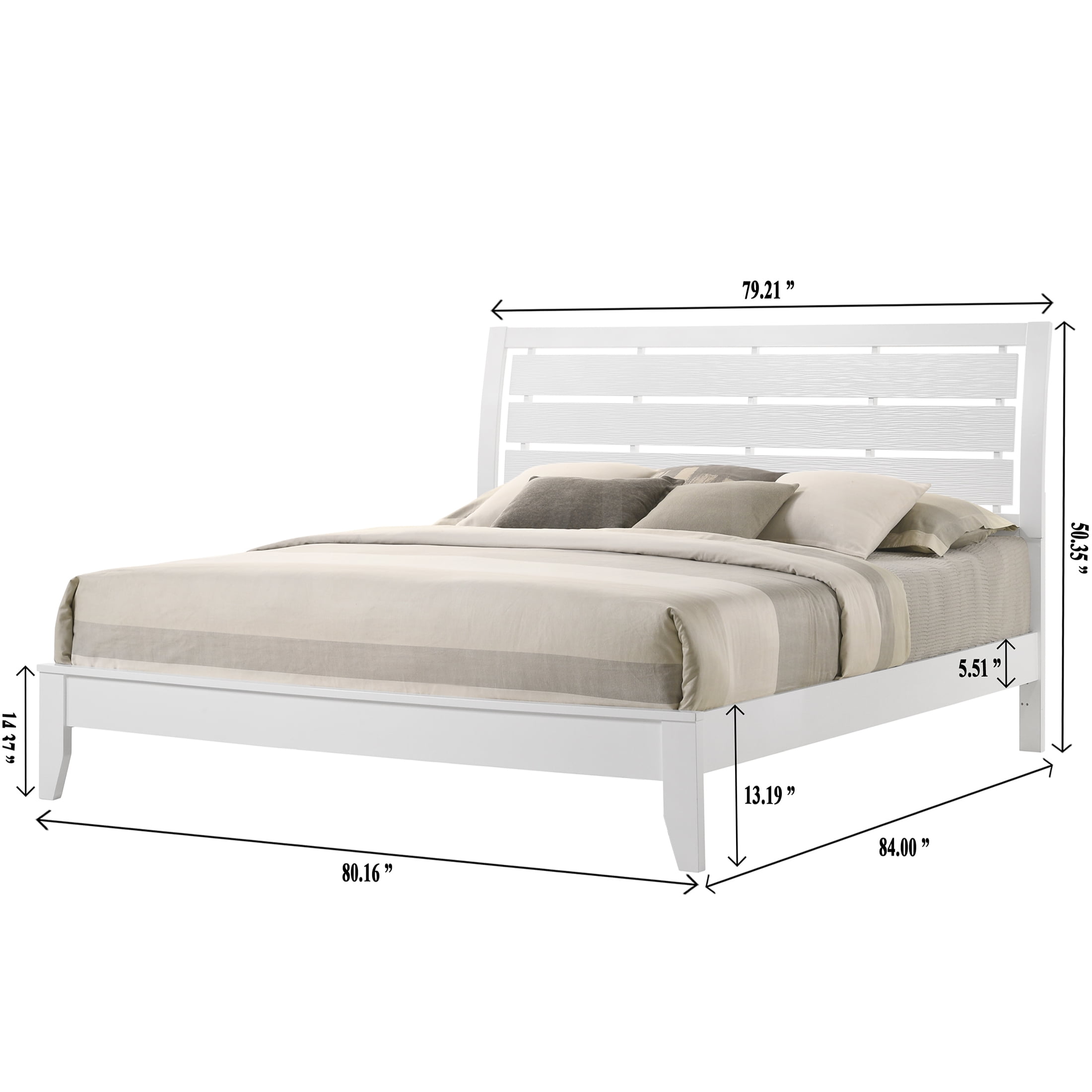 JERFIT King Size Panel Bed Frame with Geometric Headboard, White Wood Platform Bed with Slat Support, Low Profile Footboard Tapered Legs, Easy Assembly Modern Bedroom Furniture
