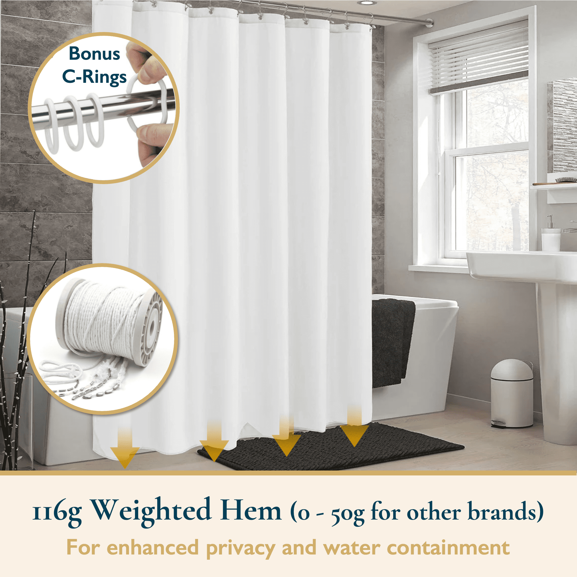 ComfiTime Shower Curtain/Liner with Hooks – 2-in-1 Mold/Mildew-Resistant, Weighted-Hem Fabric Bathroom Curtain, Water-Repellent TPU Coating, Machine-Washable, Fade-Resistant, White, 72*72