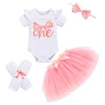 thumbnail image 2 of ZEHJUHAN Baby Girl's Birthday Tutu Set: Letter Print Short Sleeve Romper + Fluffy Skirt + Headband + Leggings, 4-Piece Outfit Pink3，9-12M, 2 of 11
