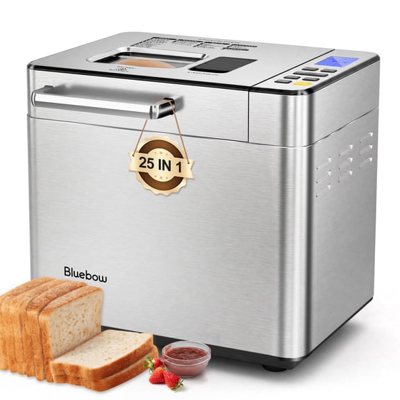 Bluebow 25-in-1 Automatic Bread Maker Machine, 2LB Bread Making Machine with Auto Fruit & Nut Dispenser, Gluten-Free Setting, 13-Hour Delay Timer, 1-Hour Keep Warm for Homemade Bread, Stainless Steel