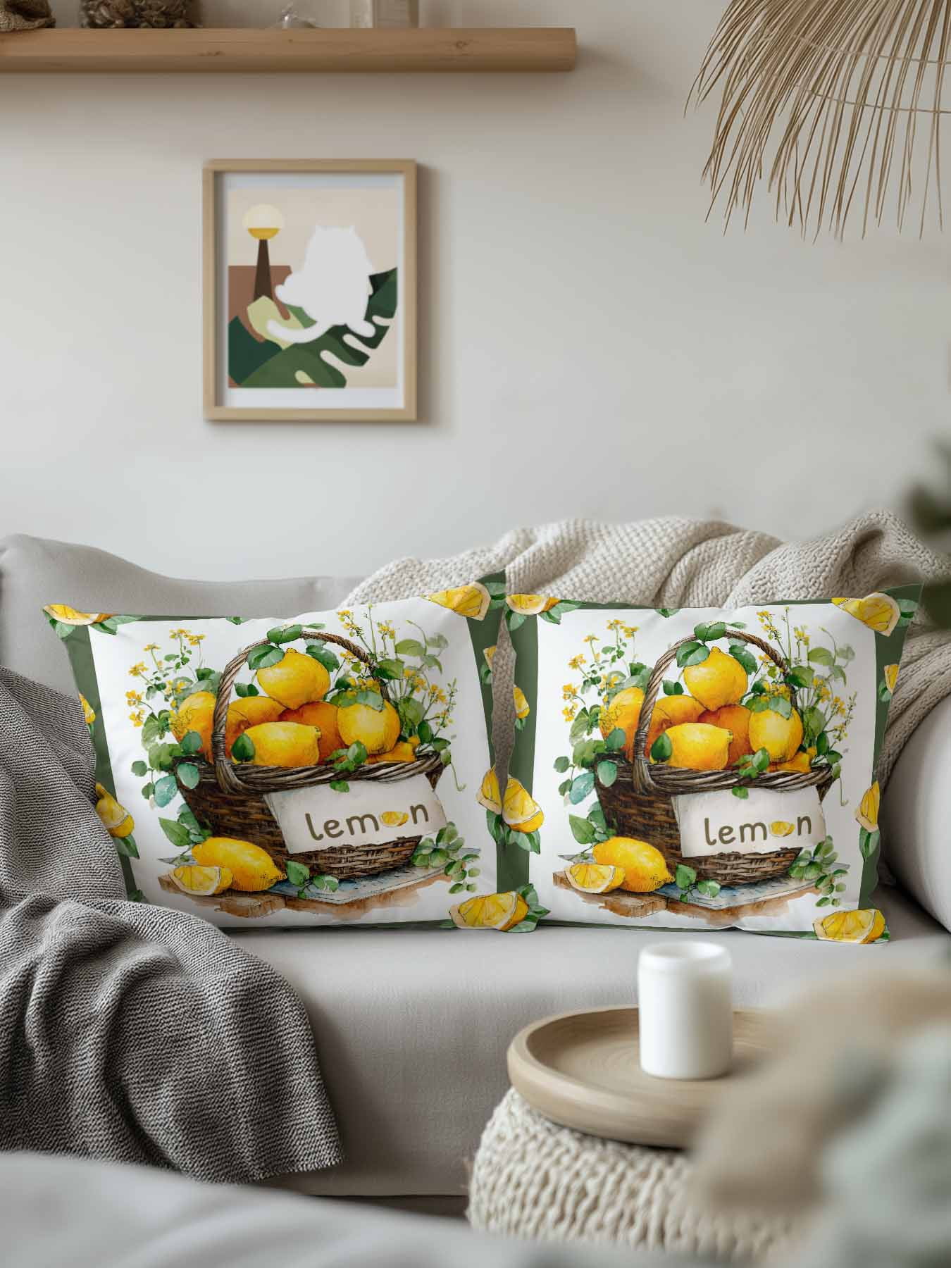 1 Pack Outdoor Pillows Waterproof, Lemon Basket Summer Indoor/Outdoor Throw Pillows with Inserts, Farmhouse Green Lace Eucalyptus Decorative Pillow for Patio Furniture Chairs Couch